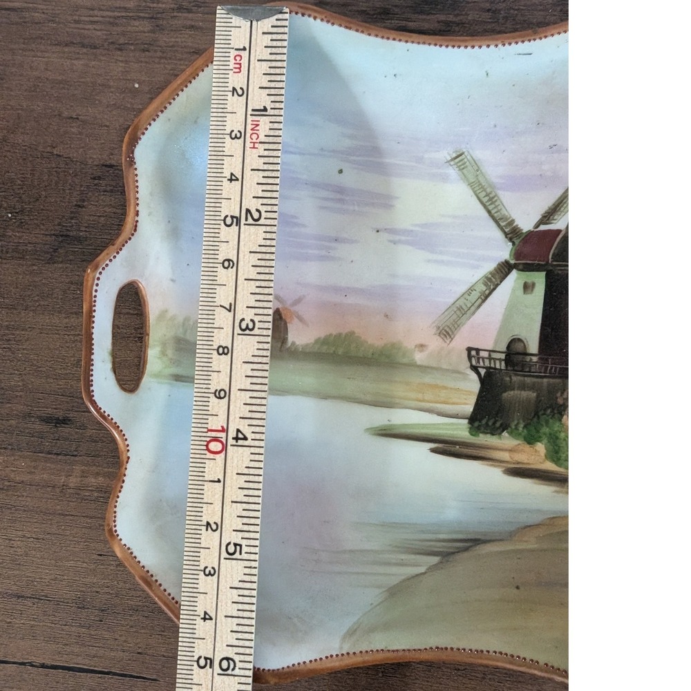 Antique Nippon Hand Painted Windmill Scenic Tray Handled Dish - Picture 5 of 11